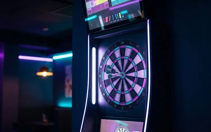 Darts in a dartboard ringed with purple neon