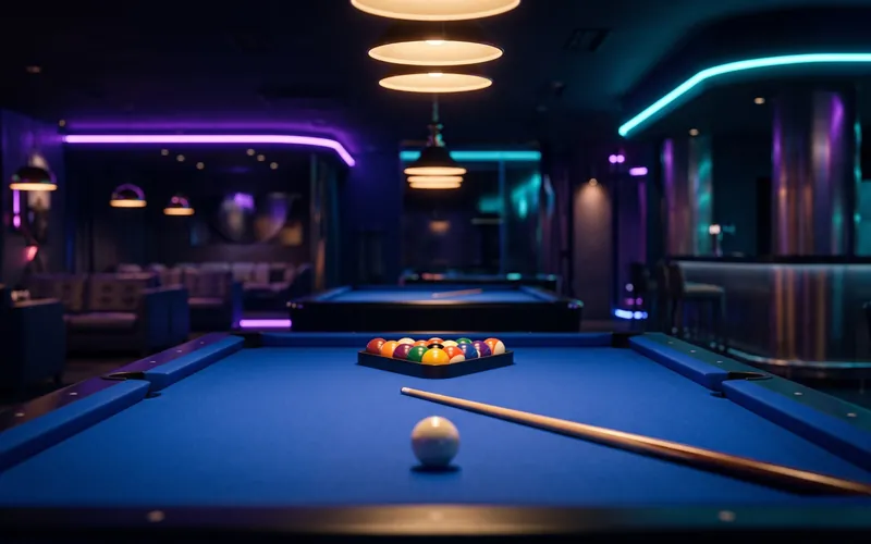 Racked pool balls on blue felt under pendant lamps