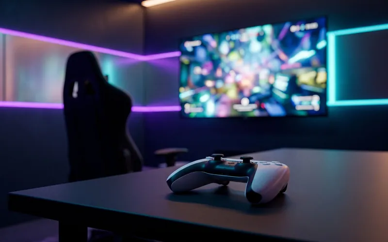 Game controller on a table in a neon-lit gaming bay