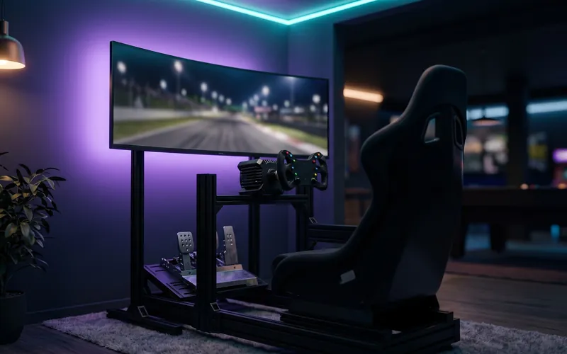 Sim racing cockpit with a bucket seat and curved screen under violet neon